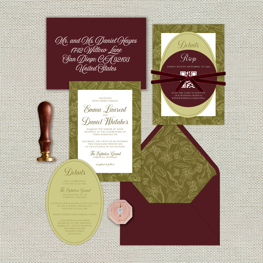 Burgundy and Chartreuse Elegant Wedding Invitation Set